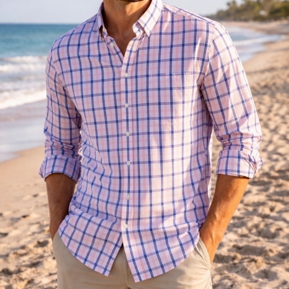 IZOD Mens Long Sleeve Button Down Shirt Pink Blue Plaid Size L Preppy Office